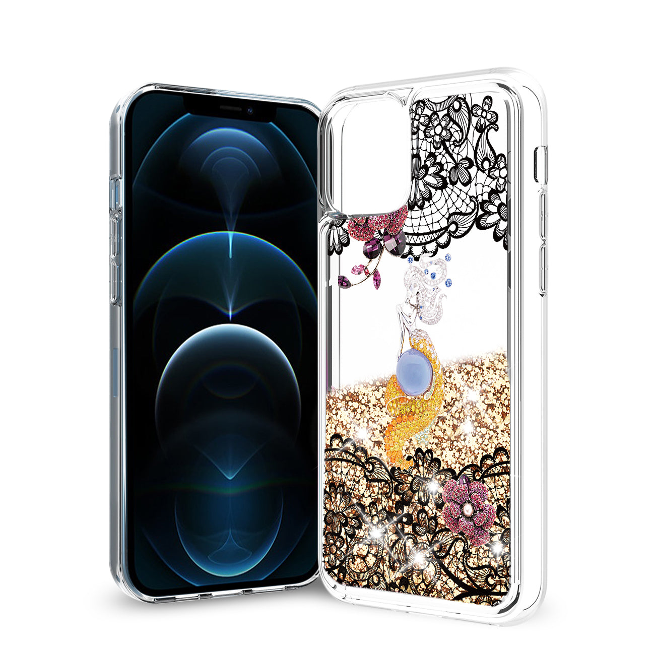 Reiko iPhone 12 Pro Max Glitter Case Moving Quicksand Gold Floral Mermaid